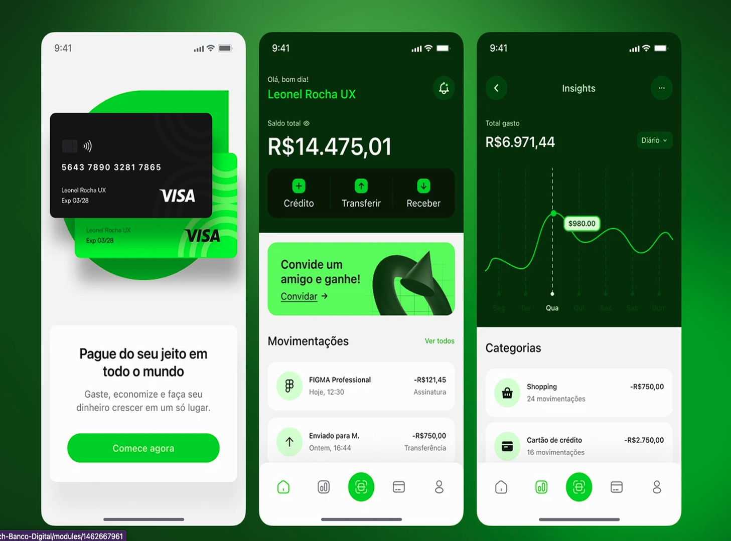 App de banco digital com cartão e insights financeiros