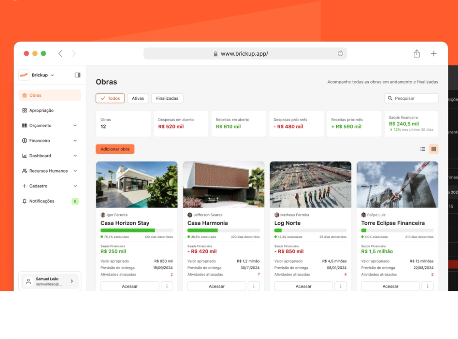 Brickup — dashboard de gestão de obras