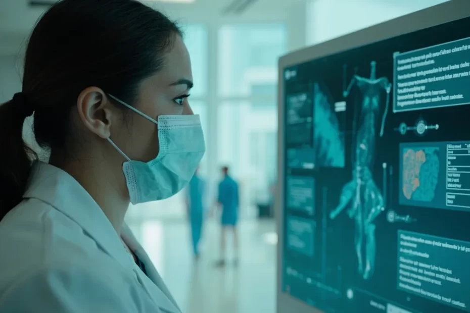 Médica revisa informações clínicas anonimizadas com apoio de uma interface de inteligência artificial e controles de verificação e privacidade.