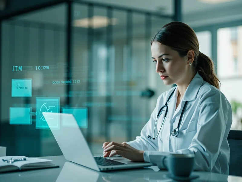 Médica revisando no computador um texto produzido por inteligência artificial