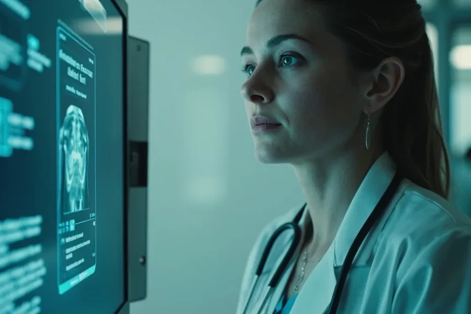Médica revisa informações clínicas anonimizadas em uma interface de IA sob supervisão humana no ambiente hospitalar.