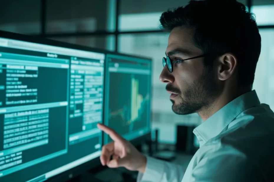 Médico revisa sugestões de inteligência artificial sobre dados de um prontuário digital em consultório, com supervisão clínica.