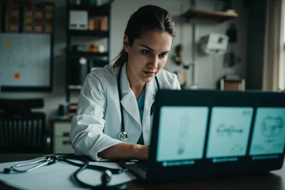 Médica compara resultados de ferramentas gratuitas de IA para pesquisa, organização de notas e apoio educacional em um notebook no consultório.