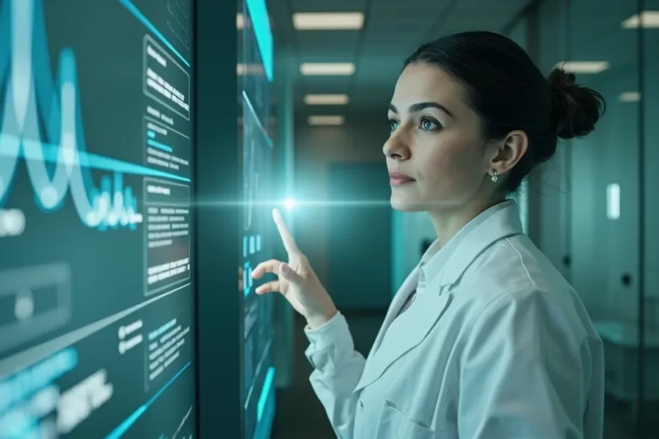 Médica revisa dados clínicos e alertas de risco em uma interface de inteligência artificial antes de validar a decisão.