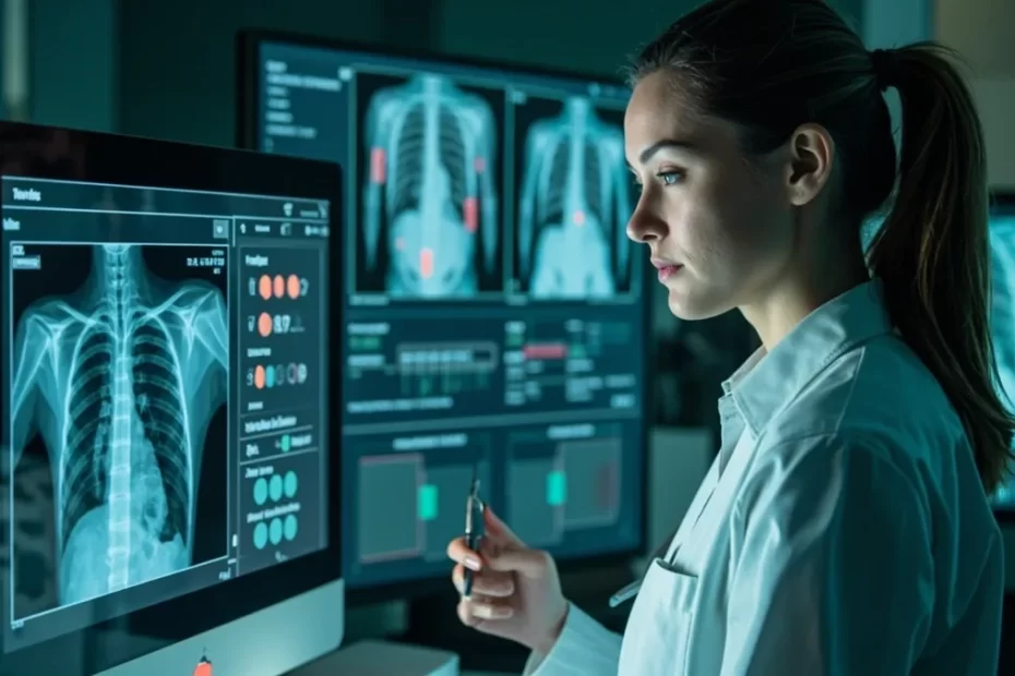 Médica avalia radiografia de tórax com apoio de sistema de inteligência artificial que sinaliza áreas para revisão clínica.