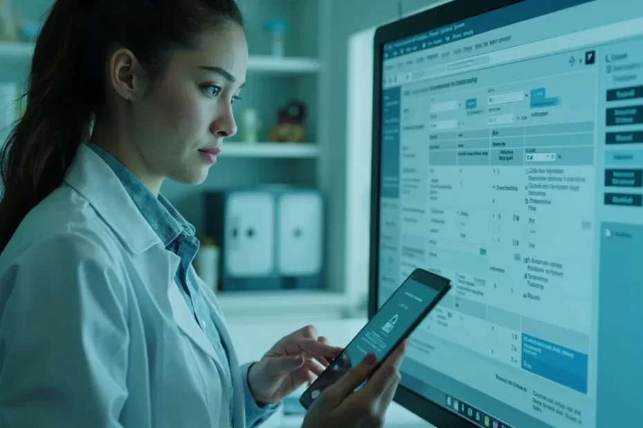 Médica revisa prontuário clínico estruturado por inteligência artificial em uma interface com validação de campos e proteção de dados.