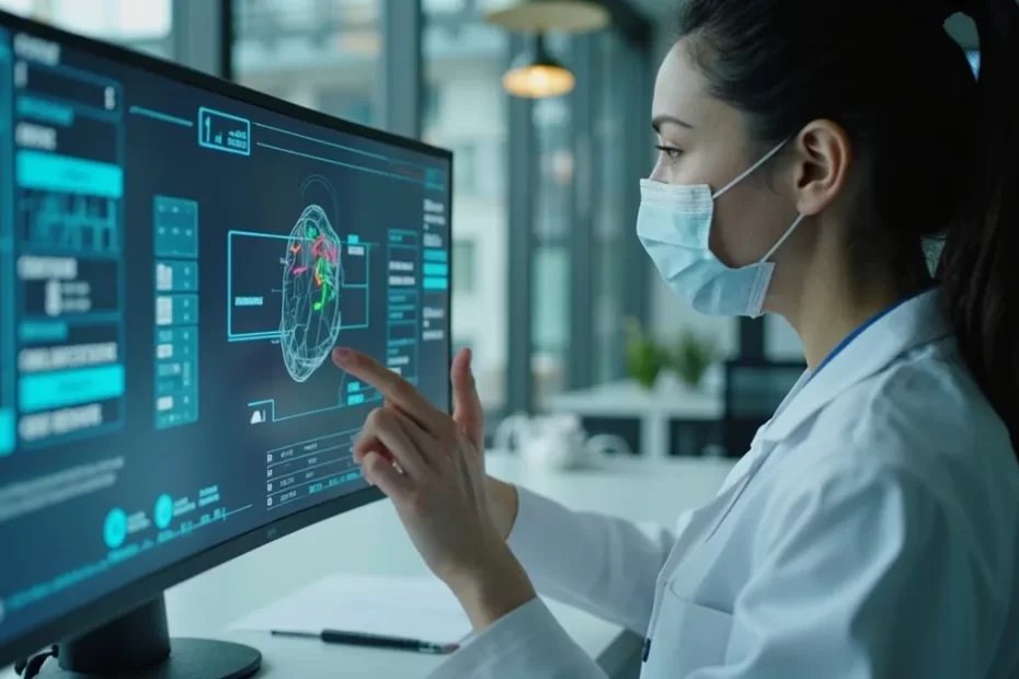 Médica revisa dados de um prontuário eletrônico organizados por inteligência artificial em consultório clínico.