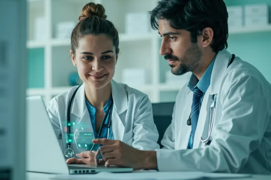 Médica e gestor comparam aplicações de inteligência artificial para a rotina de uma clínica em um notebook.