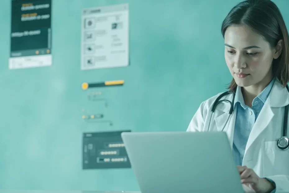 Médica revisa conteúdos do ChatGPT ao lado de prontuário anonimizado e checklist de validação em consultório.