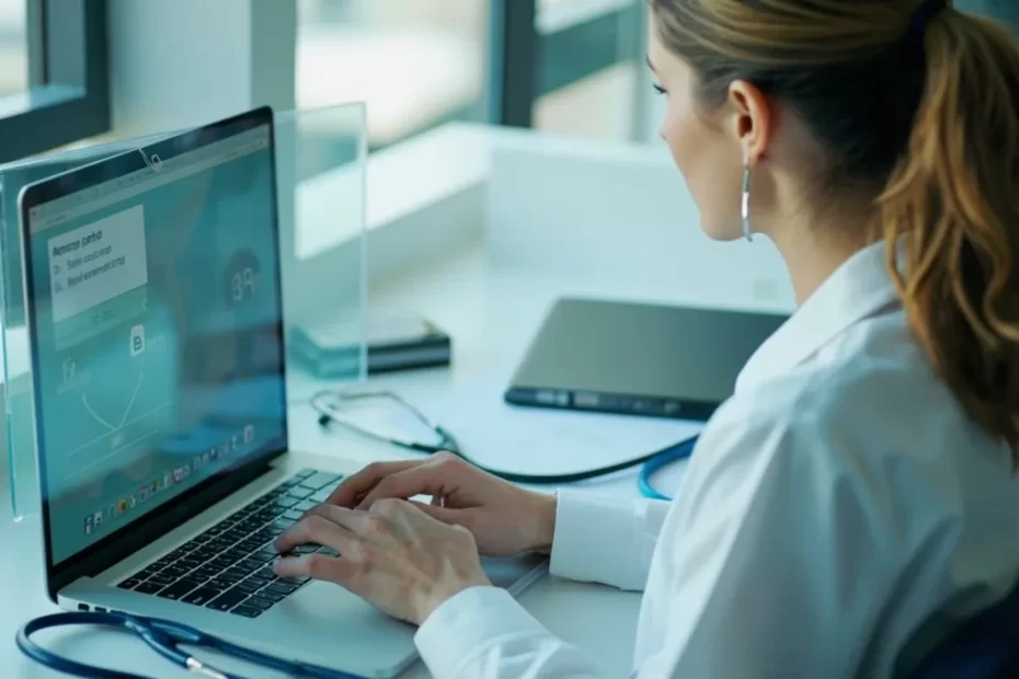 Médica revisa uma anamnese estruturada com alertas de validação e proteção de dados em um notebook no consultório.