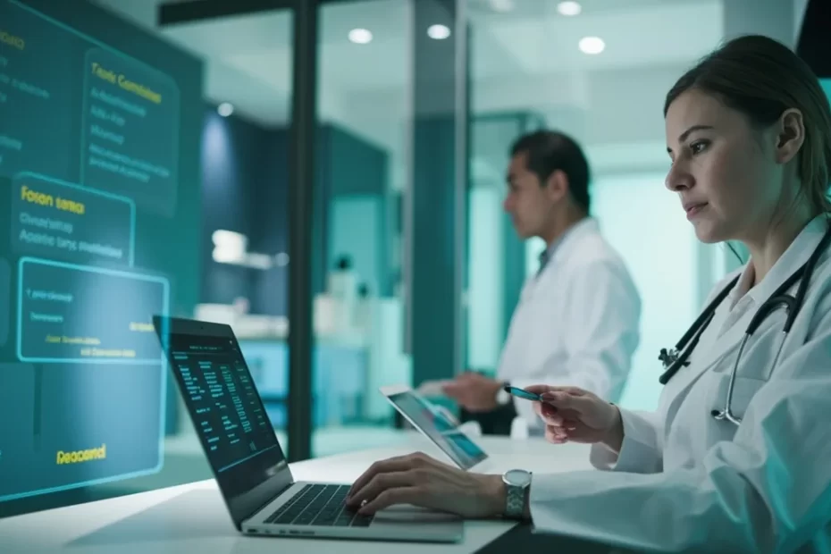 Médica revisa um prompt estruturado em uma interface de IA e confere um checklist de validação clínica.