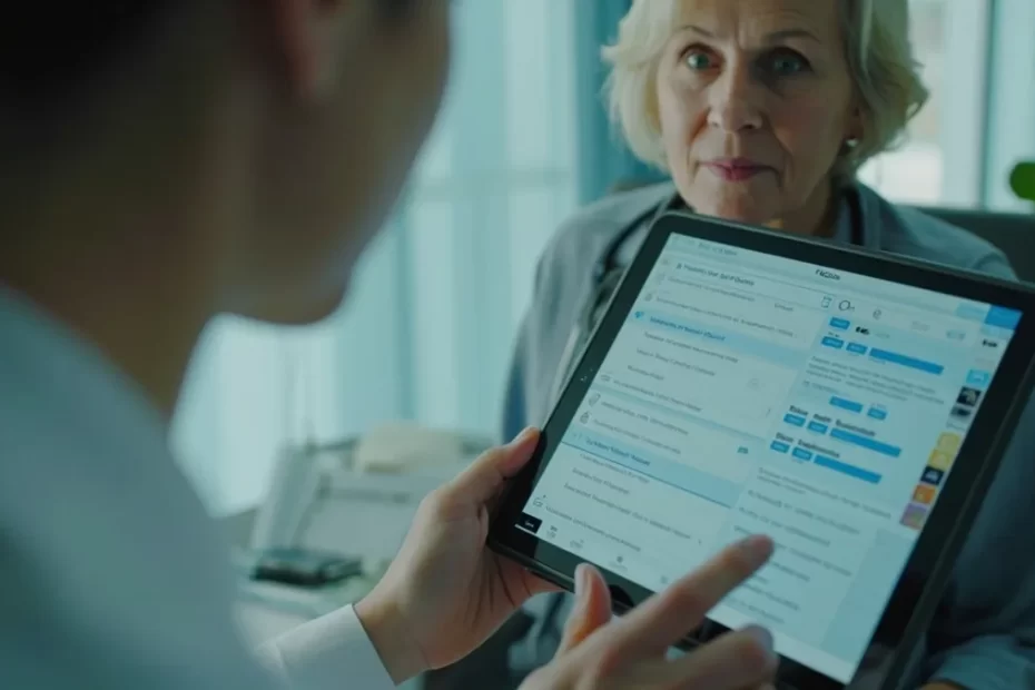 Médica revisa em tablet uma anamnese estruturada com apoio de inteligência artificial durante consulta clínica.