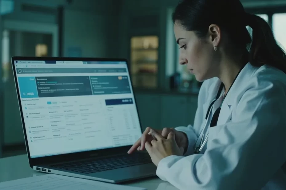 Médica revisa um prompt estruturado e critérios de validação em uma interface de inteligência artificial no consultório.